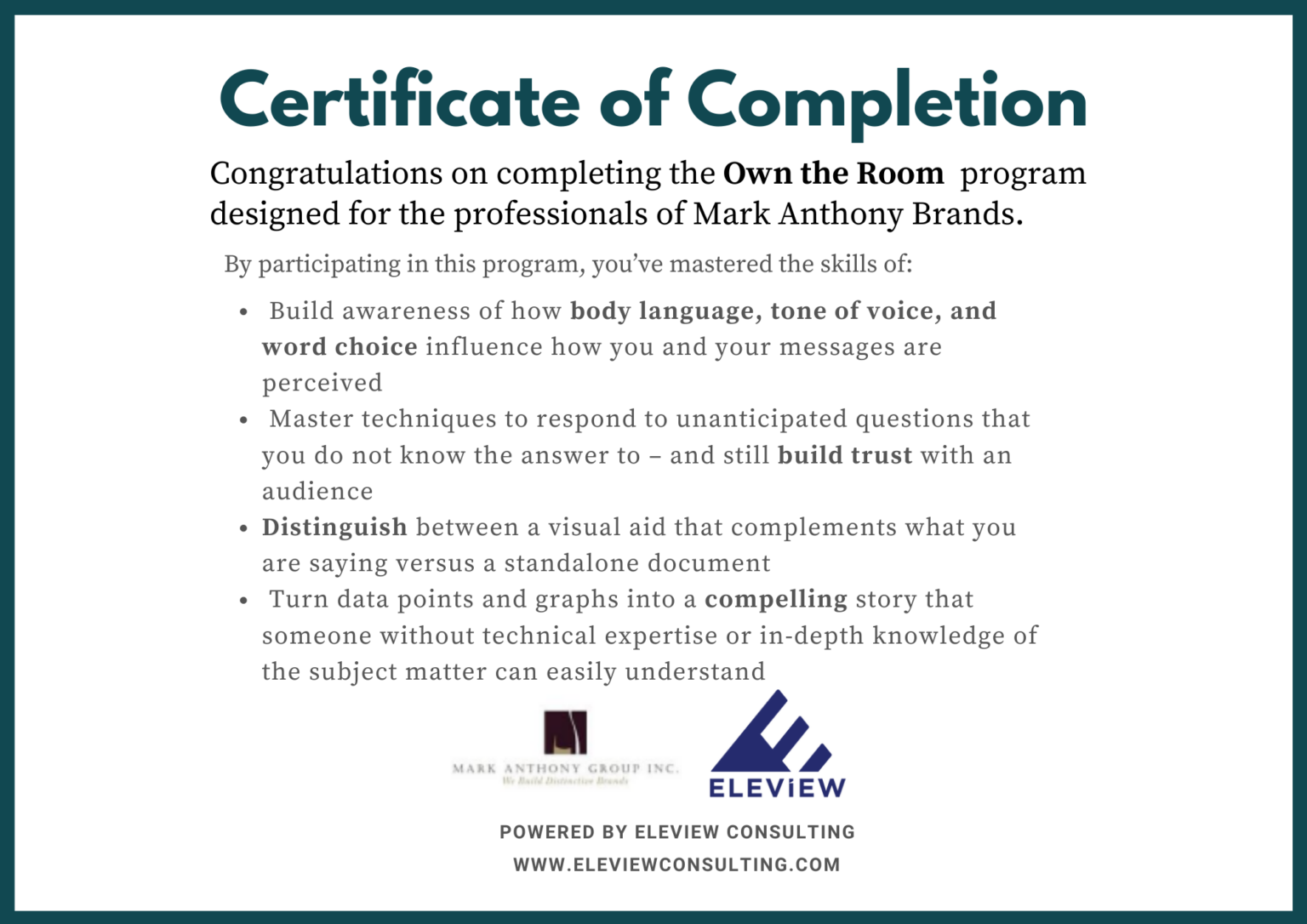 Mark Anthony Brands_2023_Own the Room Certificate Eleview